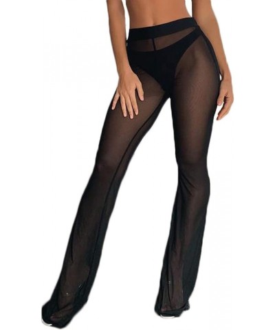 Women Ruffle Sheer Mesh Pants See Through Bikini Bottom Swimsuit Cover up Wide Leg Beach Pants B-black $12.97 Swimsuits