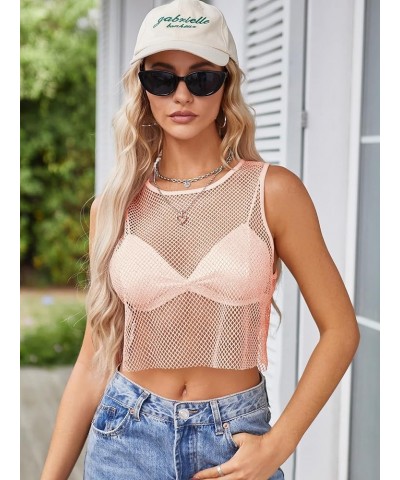 Women's Sleeveless Glitter Sparkle Tops See Through Fishnet Crop Top for Party Club 0198-pink $7.79 Tanks