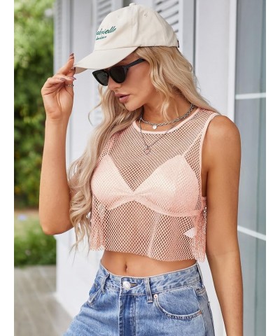 Women's Sleeveless Glitter Sparkle Tops See Through Fishnet Crop Top for Party Club 0198-pink $7.79 Tanks