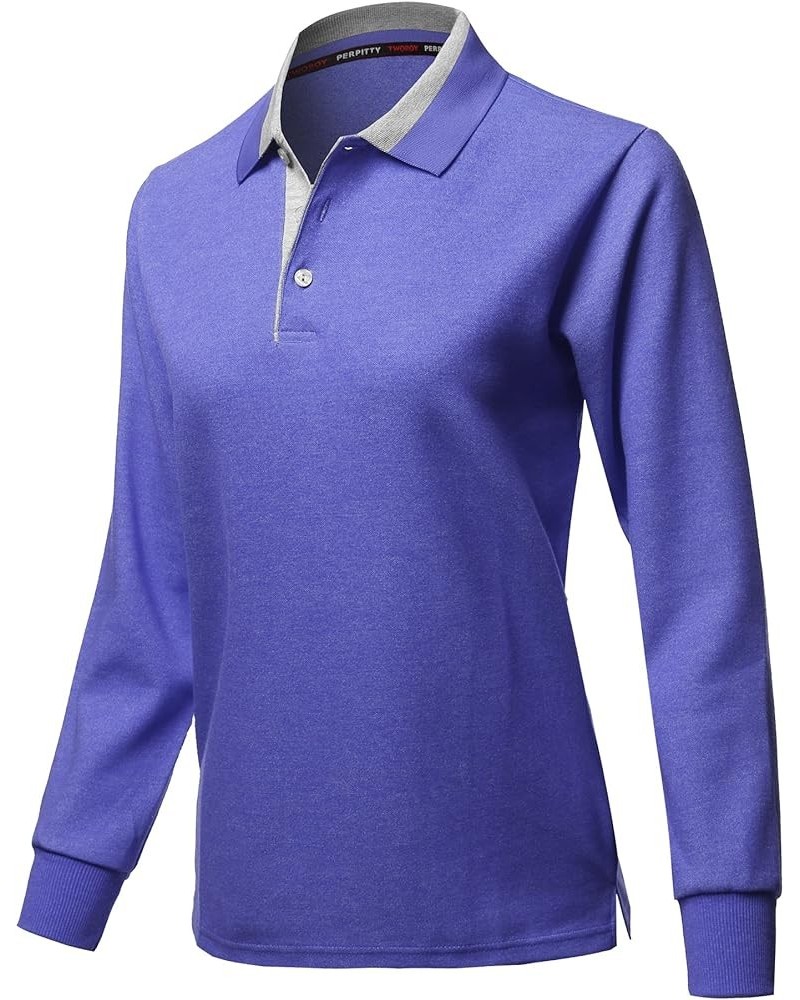 Women's Casual Basic Sporty Long Sleeve Polo Collar T-Shirt Kxwtel0001 Blue $13.20 Shirts