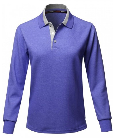 Women's Casual Basic Sporty Long Sleeve Polo Collar T-Shirt Kxwtel0001 Blue $13.20 Shirts