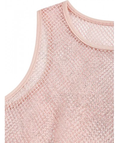 Women's Sleeveless Glitter Sparkle Tops See Through Fishnet Crop Top for Party Club 0198-pink $7.79 Tanks