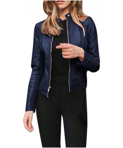 Women's Faux Leather Moto Biker Short Jacket Vintage Zip Up Pu Motorcycle Slim Fit Lightweight Cropped Coat Outerwear H-navy ...