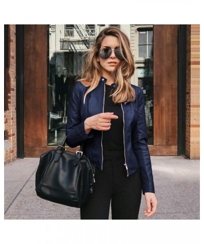 Women's Faux Leather Moto Biker Short Jacket Vintage Zip Up Pu Motorcycle Slim Fit Lightweight Cropped Coat Outerwear H-navy ...