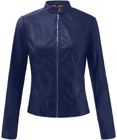 Women's Faux Leather Moto Biker Short Jacket Vintage Zip Up Pu Motorcycle Slim Fit Lightweight Cropped Coat Outerwear H-navy ...