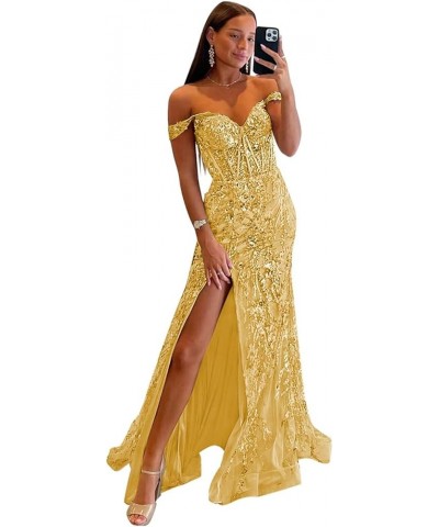 Off The Shoulder Mermaid Tulle Prom Dress with Slit Long Sequin Lace Formal Gown for Women Mustard Yellow $48.51 Dresses