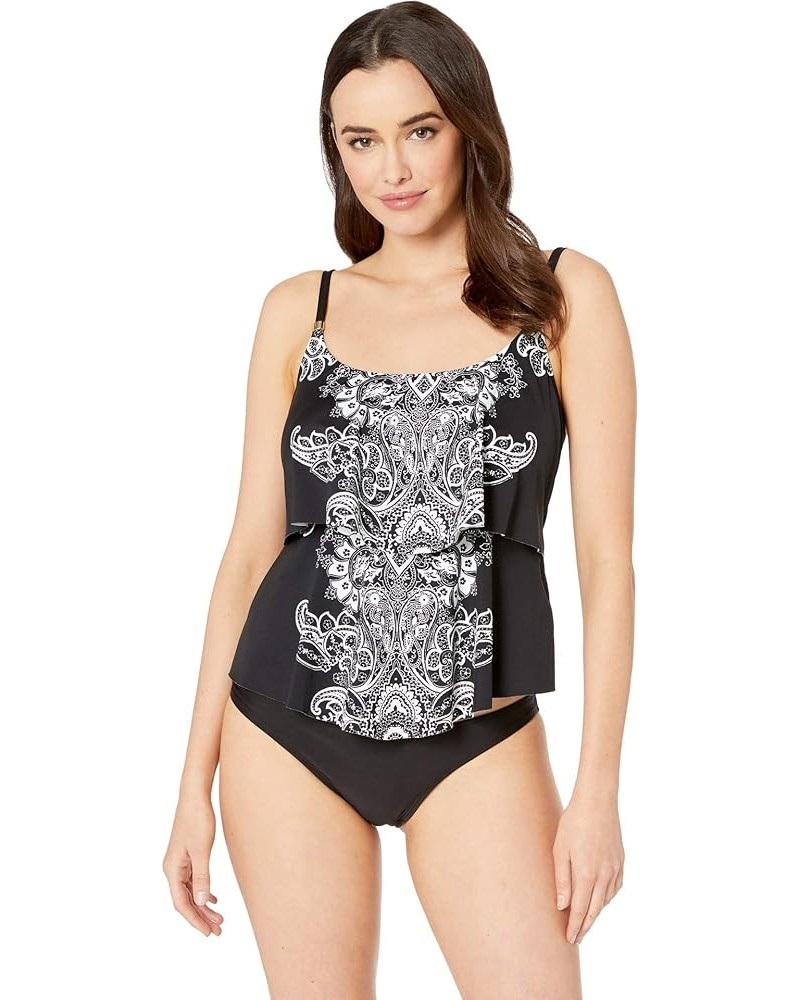 2-Tiered Ruffle Tankini Swimsuit Top Black//Moroccan Paisley $30.43 Swimsuits