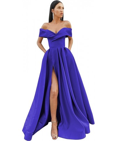 Women's Off The Shoulder Satin Prom Dress Long Ball Gown Slit Pleated Formal Evening Dresses with Pockets Royal Blue $29.25 D...