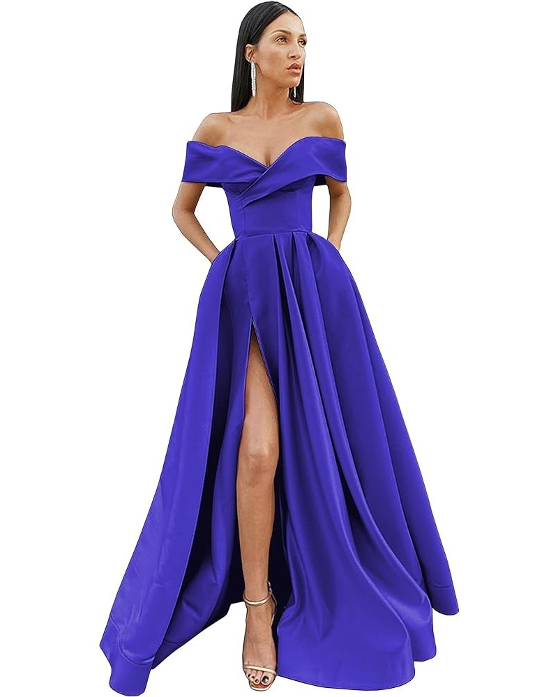 Women's Off The Shoulder Satin Prom Dress Long Ball Gown Slit Pleated Formal Evening Dresses with Pockets Royal Blue $29.25 D...