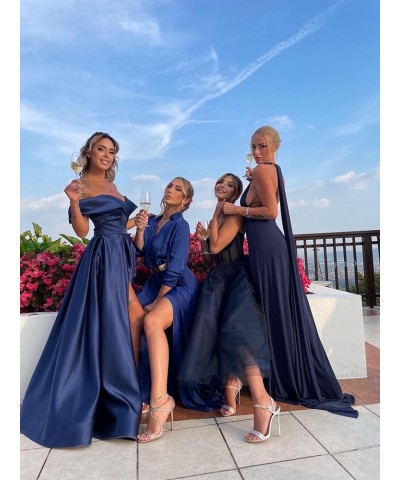 Women's Off The Shoulder Satin Prom Dress Long Ball Gown Slit Pleated Formal Evening Dresses with Pockets Royal Blue $29.25 D...