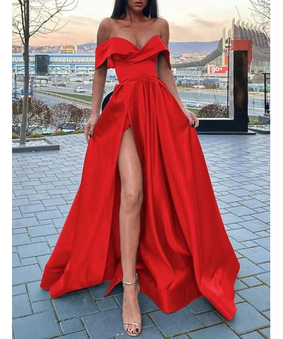 Women's Off The Shoulder Satin Prom Dress Long Ball Gown Slit Pleated Formal Evening Dresses with Pockets Royal Blue $29.25 D...