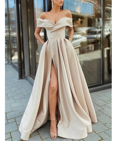 Women's Off The Shoulder Satin Prom Dress Long Ball Gown Slit Pleated Formal Evening Dresses with Pockets Royal Blue $29.25 D...