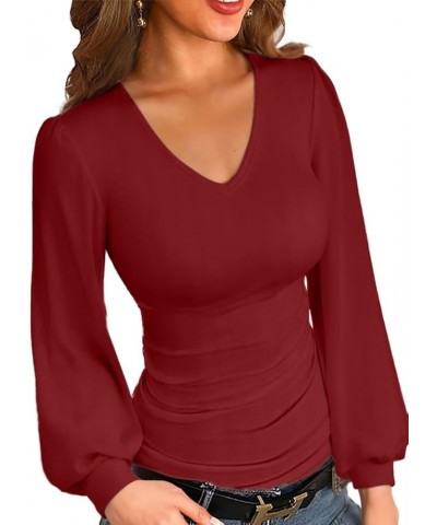 Women Balloon Long Sleeve Shirt Ribbed Fitted Tops Dressy Fall Clothes 1-V NECK Wine Red $11.59 Blouses