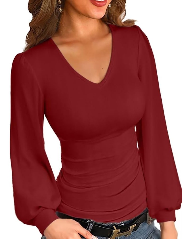 Women Balloon Long Sleeve Shirt Ribbed Fitted Tops Dressy Fall Clothes 1-V NECK Wine Red $11.59 Blouses