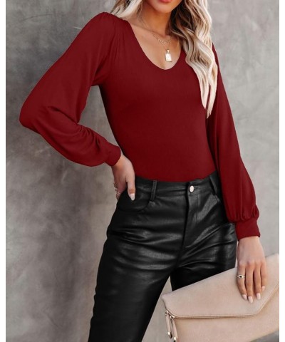 Women Balloon Long Sleeve Shirt Ribbed Fitted Tops Dressy Fall Clothes 1-V NECK Wine Red $11.59 Blouses