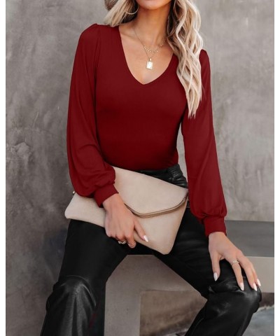 Women Balloon Long Sleeve Shirt Ribbed Fitted Tops Dressy Fall Clothes 1-V NECK Wine Red $11.59 Blouses