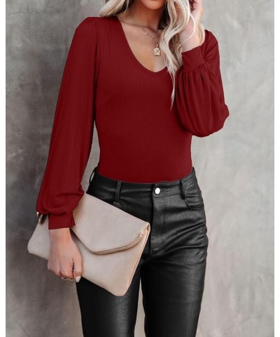 Women Balloon Long Sleeve Shirt Ribbed Fitted Tops Dressy Fall Clothes 1-V NECK Wine Red $11.59 Blouses