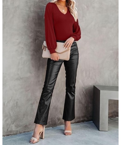 Women Balloon Long Sleeve Shirt Ribbed Fitted Tops Dressy Fall Clothes 1-V NECK Wine Red $11.59 Blouses