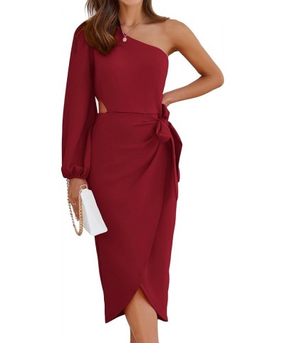 Women's 2023 One Shoulder Long Sleeve Cocktail Dress Split Ruched Bodycon Wedding Party Dresses Red $18.45 Dresses