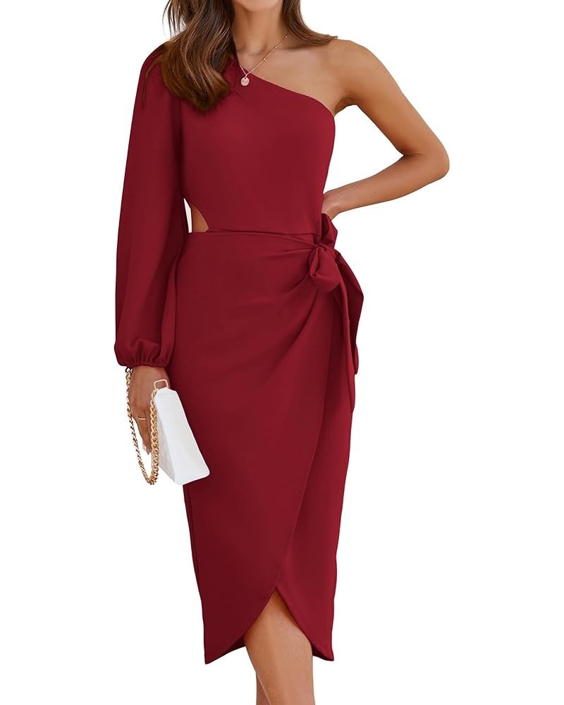 Women's 2023 One Shoulder Long Sleeve Cocktail Dress Split Ruched Bodycon Wedding Party Dresses Red $18.45 Dresses