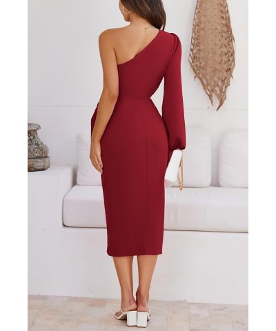 Women's 2023 One Shoulder Long Sleeve Cocktail Dress Split Ruched Bodycon Wedding Party Dresses Red $18.45 Dresses