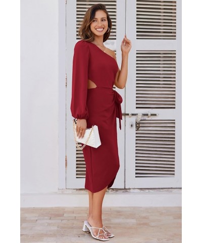 Women's 2023 One Shoulder Long Sleeve Cocktail Dress Split Ruched Bodycon Wedding Party Dresses Red $18.45 Dresses