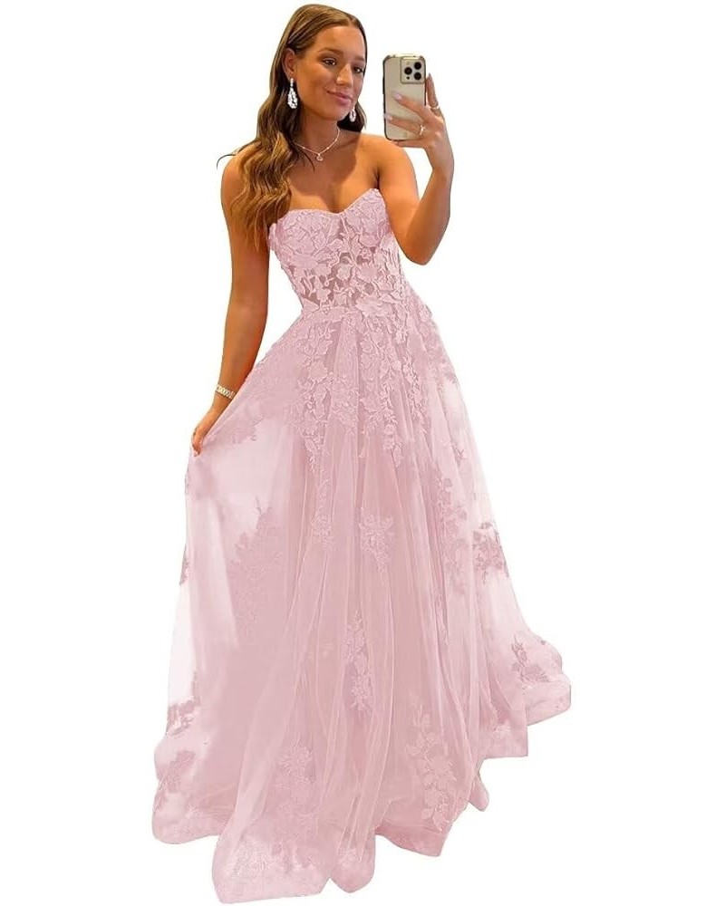 Tulle Lace Appliques Prom Dresses Long Ball Gown for Women Strapless Backless Evening Party Dress Pink $36.90 Dresses