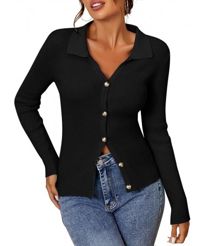 Women Long Sleeve Polo Sweater V Neck Button Down Ribbed Knit Cardigan Top Black $16.32 Sweaters