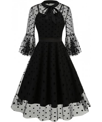 Women's Bell Sleeves Bowtie Full Mesh Two Piece Vintage Cocktail Dress Dots Black $16.79 Dresses