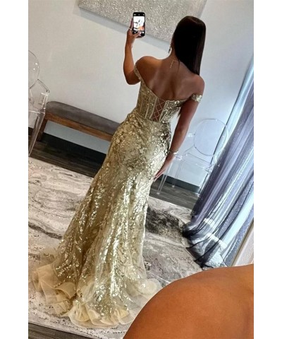 Off The Shoulder Mermaid Tulle Prom Dress with Slit Long Sequin Lace Formal Gown for Women Mustard Yellow $48.51 Dresses