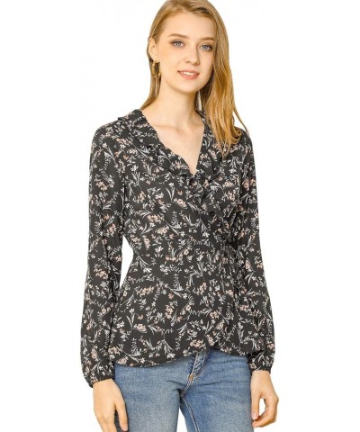 Women's Floral V Neck Wrap Top Long Sleeve Tie Waist Ruffle Peplum Blouse Black $13.33 Blouses