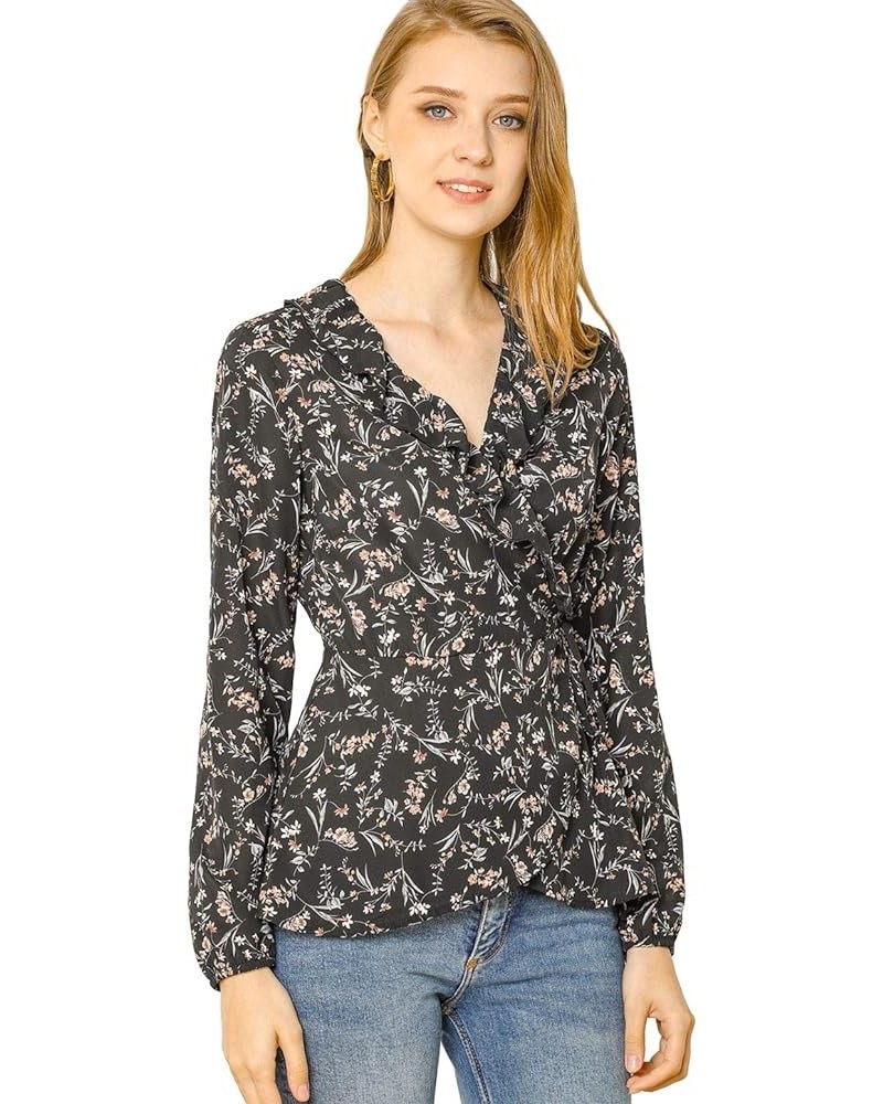 Women's Floral V Neck Wrap Top Long Sleeve Tie Waist Ruffle Peplum Blouse Black $13.33 Blouses