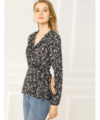 Women's Floral V Neck Wrap Top Long Sleeve Tie Waist Ruffle Peplum Blouse Black $13.33 Blouses