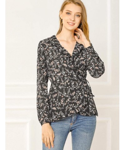 Women's Floral V Neck Wrap Top Long Sleeve Tie Waist Ruffle Peplum Blouse Black $13.33 Blouses