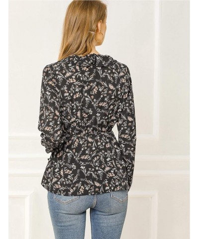 Women's Floral V Neck Wrap Top Long Sleeve Tie Waist Ruffle Peplum Blouse Black $13.33 Blouses