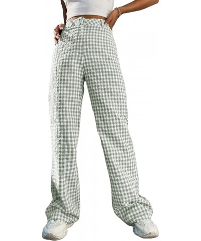 Women's Plaid High Waist Button Wide Leg Pants Gingham Trousers Multicolored $16.42 Pants