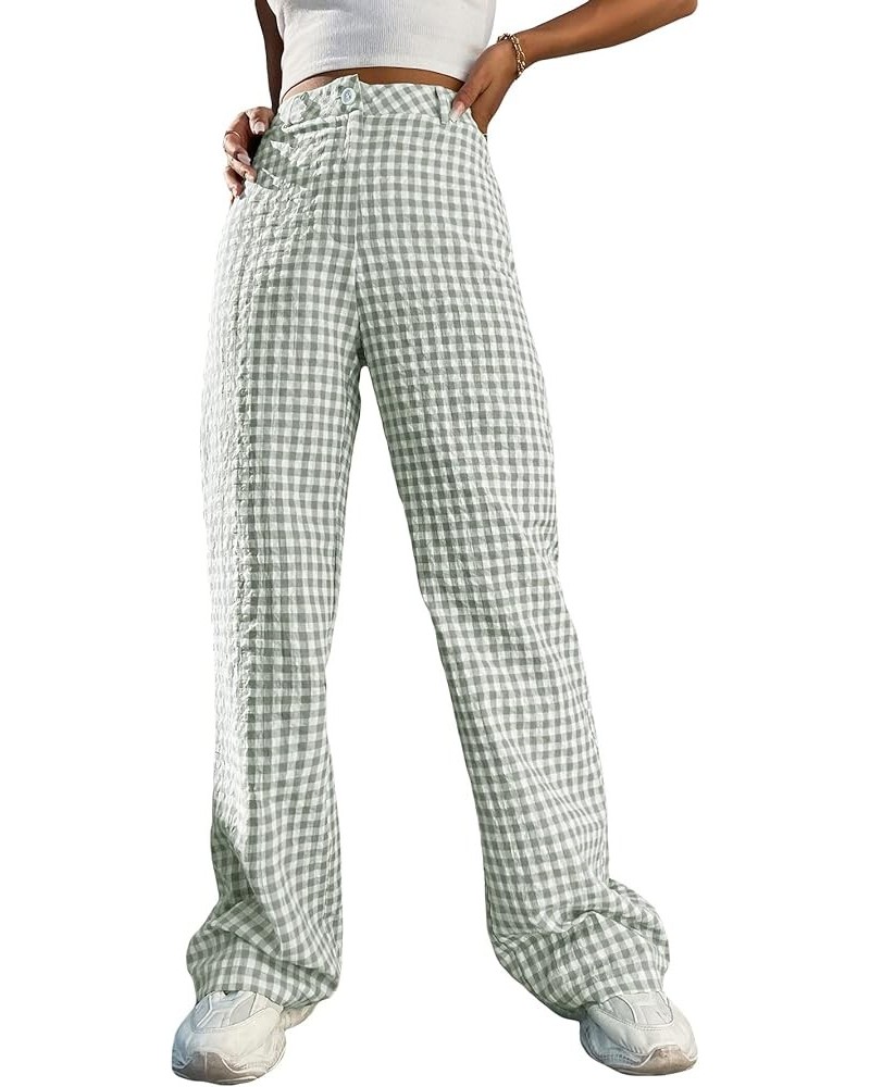 Women's Plaid High Waist Button Wide Leg Pants Gingham Trousers Multicolored $16.42 Pants