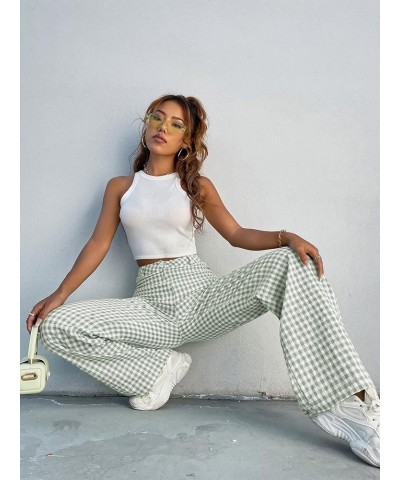 Women's Plaid High Waist Button Wide Leg Pants Gingham Trousers Multicolored $16.42 Pants