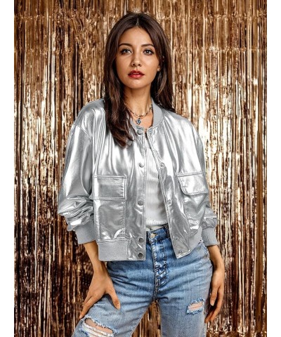 Women Sparkly Silver Crop Bomber Jacket Metallic Holographic Button Down Sparkle Shiny Concert Outfit With Pocket 1401 Silver...