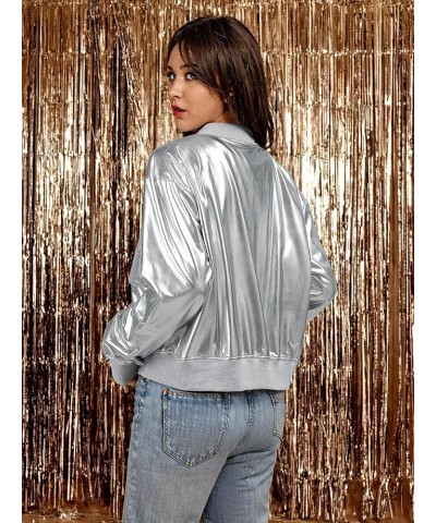 Women Sparkly Silver Crop Bomber Jacket Metallic Holographic Button Down Sparkle Shiny Concert Outfit With Pocket 1401 Silver...