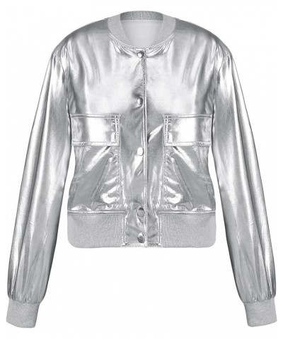 Women Sparkly Silver Crop Bomber Jacket Metallic Holographic Button Down Sparkle Shiny Concert Outfit With Pocket 1401 Silver...