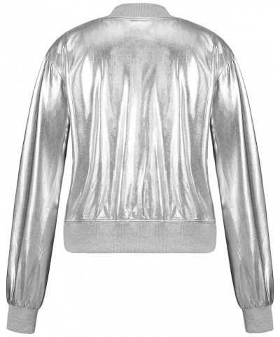 Women Sparkly Silver Crop Bomber Jacket Metallic Holographic Button Down Sparkle Shiny Concert Outfit With Pocket 1401 Silver...