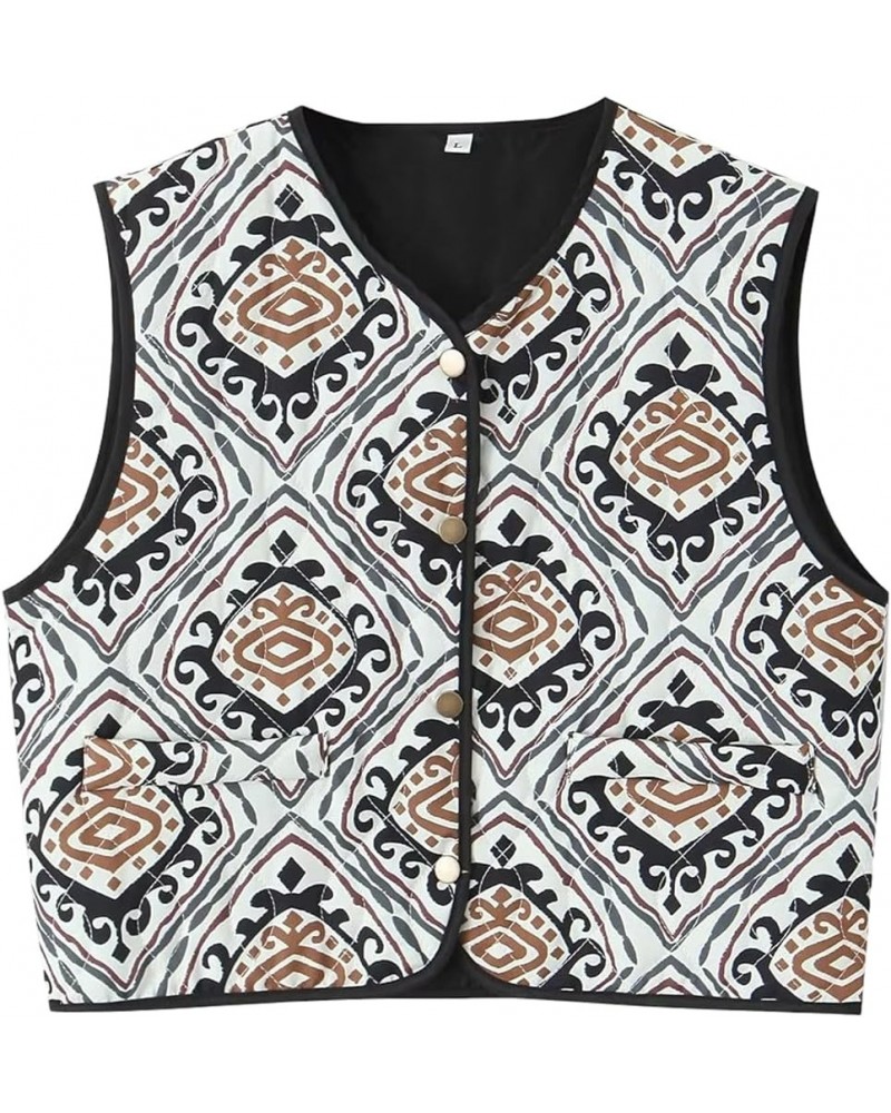 Women's Cropped Puffer Vest Vintage Floral Print Button Down Lightweight Sleeveless Jacket 01black $13.76 Vests