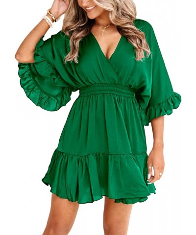 Womens V Neck Casual Dresses Summer Loose High Waist Ruffle Pleated Cute Mini Short Dress Emerald Green $19.35 Others