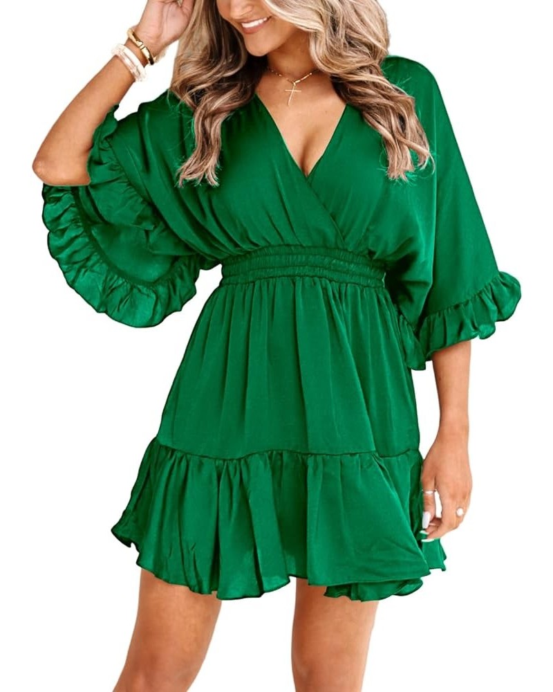 Womens V Neck Casual Dresses Summer Loose High Waist Ruffle Pleated Cute Mini Short Dress Emerald Green $19.35 Others