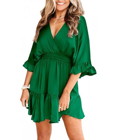 Womens V Neck Casual Dresses Summer Loose High Waist Ruffle Pleated Cute Mini Short Dress Emerald Green $19.35 Others