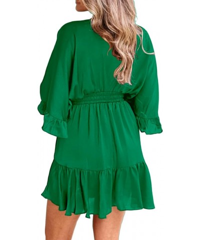 Womens V Neck Casual Dresses Summer Loose High Waist Ruffle Pleated Cute Mini Short Dress Emerald Green $19.35 Others