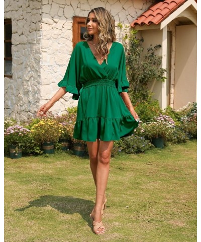 Womens V Neck Casual Dresses Summer Loose High Waist Ruffle Pleated Cute Mini Short Dress Emerald Green $19.35 Others