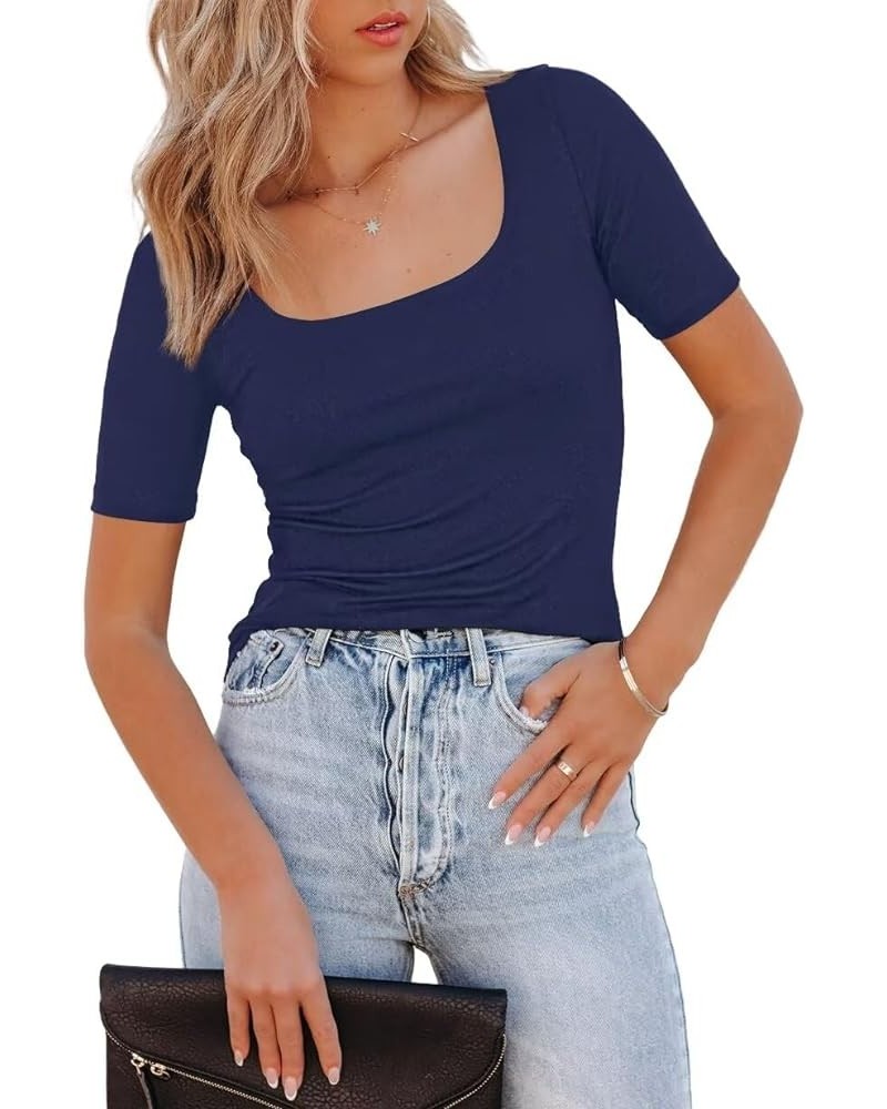 Women's 2024 Summer Short Sleeve Tops Square Neck Slim Fit T Shirts Casual Basic Tee Shirt Navy $13.56 Tops