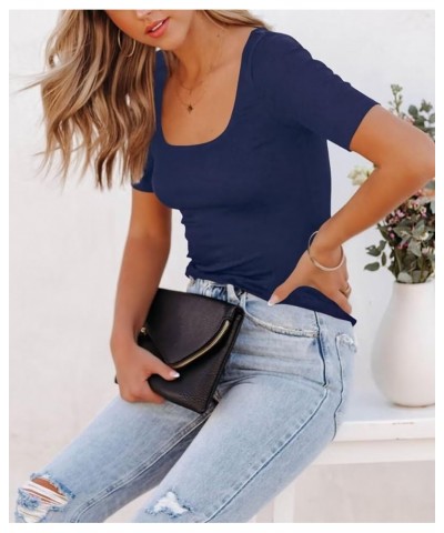 Women's 2024 Summer Short Sleeve Tops Square Neck Slim Fit T Shirts Casual Basic Tee Shirt Navy $13.56 Tops